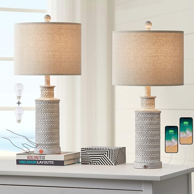 BOBOMOMO 3-Way Dimmable Touch Control Table Lamp Set of 2 with Dual USB Charging Ports for Bedroom Living Room Vintage Rustic Farmhouse Traditional Nightstand Bedside Lamps(Bulbs Included) - Bloomnest