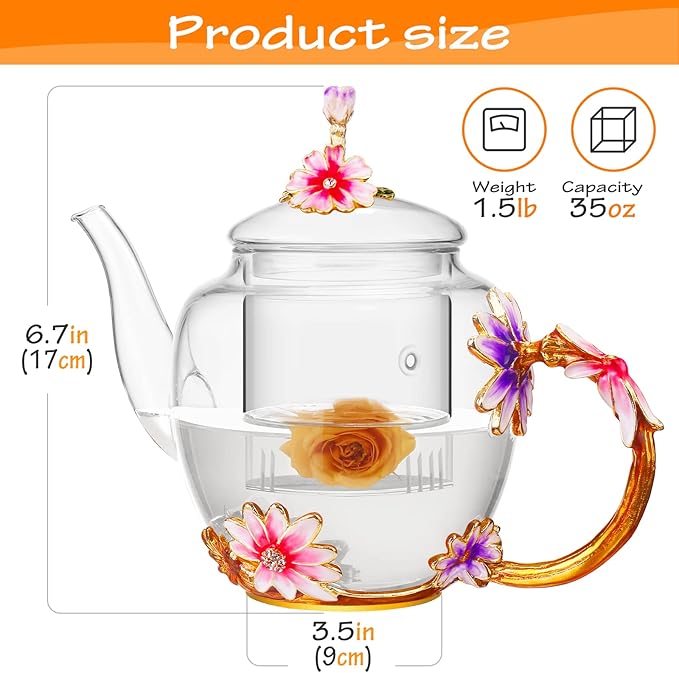 Luka Tech 35OZ Enamel Glass Flower Teapot With Removable Loose Tea Leaf Infuser Tea Maker,Gifts For Women,Mom,Mothers Day,Christmas,Birthday,Valentines Day