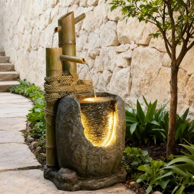 31" H 3 Tiered Bamboo & Imitation Rock Water Fountain - Natural Zen Decor with LED Lights Cascading Waterfall Design for Outside&Indoor - Suitable for Garden/Patio/Yard/Deck/Balcony (Resin) - Bloomnest