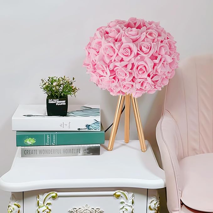 Pink Rose Flower Lamp Cute Table Lamp Flower Desk Lamp Floral Bedside Nighstand Light Atmosphere Girls Princess Lamp with Gold Tripod for Bedroom Wedding Christmas Gift Hotel Living Room - Bloomnest