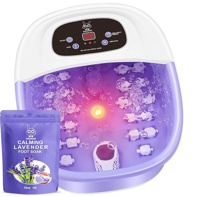 Foot Spa Bath Massager with Heat Bubbles and Vibration Massage and Jets, 16 OZ Calming Lavender Foot Soak Epsom Salt, MoodRelish Foot Soaker With Red Light, 22 Massage Rollers, Adjustable Temp -Purple - Bloomnest