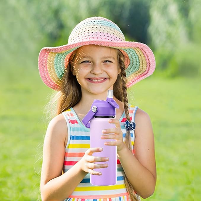 18oz Kids Insulated Water Bottle with Straw Lid - 18/8 Stainless Steel Kid Cup BPA-FREE Travel Tumbler Double Wall Vacuum Leak Proof Portable Toddler Water Bottle (Purple) - Bloomnest