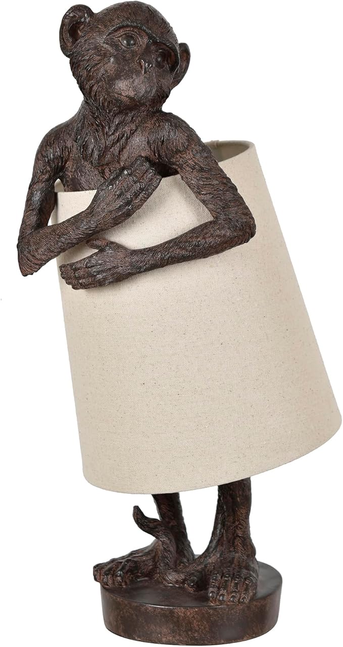 Crestview Collection Monkey Table Lamp – Bronze Resin Animal Lamp, Retro Rustic Art Deco Farmhouse Desk Lamp with Linen Shade for Bedroom, Living Room, Bedside, Nightstand or Small Space - Bloomnest