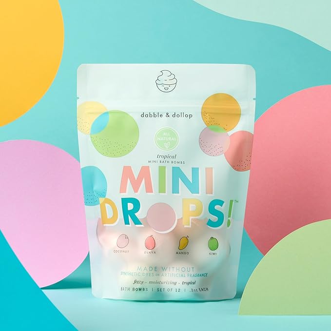 Dabble & Dollop Mini Bath Bombs, 100% Natural Droplets for Kids, Tropical Scents - Resealable Pouches, Fizzy, Moisturizing & Fun, Vegan, Gluten-Free, Cruelty-Free (Set of 24) - Bloomnest