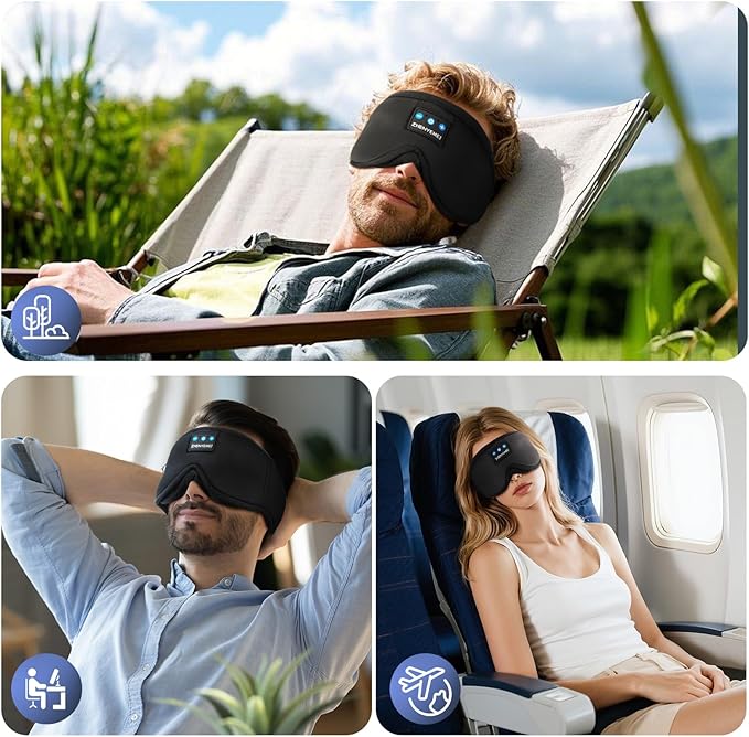 3D Sleep Mask with Bluetooth Headphones, Sleeping Headphones for Side Sleepers, Wireless Music Eye Mask with Ultra-Thin Stereo Speakers for Men, Women, Tech Gifts, Black - Bloomnest