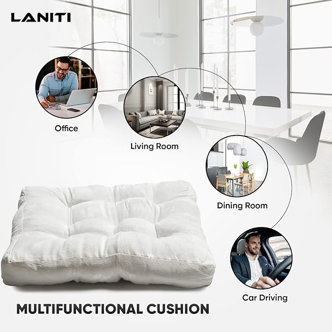 LANITI 24” Inch Extra Large Floor Cushions Tufted Floor Pillow for Adults Square Meditation Ultimate Comfort Oversized Pillows for Floor Cushion (White)