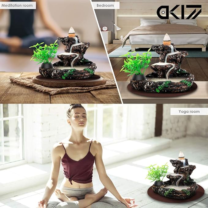 DK177 Incense Holder Waterfall Incense Burner Ceramic Backflow Zen Incense Fountain Machine Diffuser Burner Cone Holder for Spiritual Aromatherapy Gifts Set Home Decor with 20 Cones