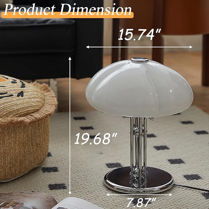 White Mushroom Table Lamp,Dimmable Glass Desk Light with Chrome Base,Bauhaus Office Light Fixture,Mid Century Modern Desk Lamp for Living Room Bedroom and Study Room - Bloomnest