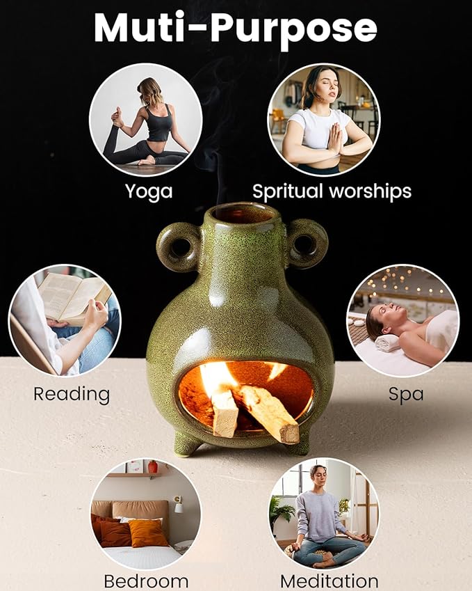 Ceramic Palo Santo Holder, Modern Incense Holder Burner for Sticks Sage Bundles Cone Incense, Chimenea Incense Dish for Meditation Decor, Green