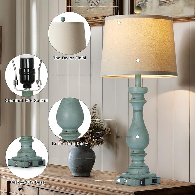 29" Tall Coastal Table Lamps Set of 2,Retro Blue Bedside Lamps with USB C+A Ports & AC Outlet,3-Way Dimmable Touch Lamp for Night Stands Living Room Bedroom,Blue - Bloomnest