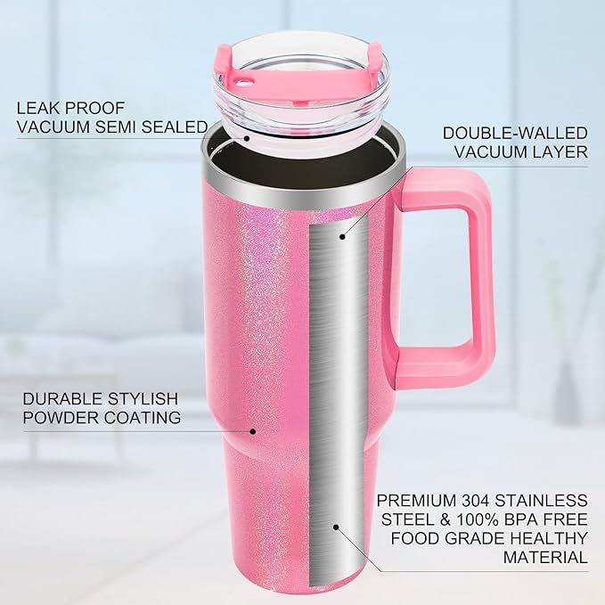 40 oz Tumbler with Handle and Flip Straw Lid, Vacuum Insulated Leak Proof Double Walled Stainless Steel Glitter Travel Mug Tumblers, Maintains Cold Ice and Heat for Hours(Pink) - Bloomnest