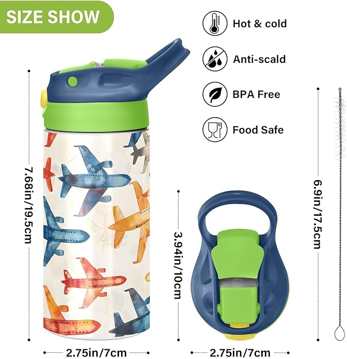 Rainbow Airplane Childish Doodle Kids Water Bottle with Straw Lid Insulated Tumbler with Handle Stainless Steel Reusable Toddlers Cup for Kids Boys 12 oz - Bloomnest