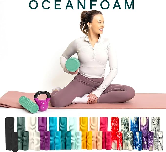 Oceanfoam Ripple Travel Foam Roller (11" x 3.35") Firm Mini Foam Roller for Physical Therapy, Deep Tissue Massage, Back Pain - High Density, Ergonomic Wave Textured - Yoga, Pilates, Exercise (Seafoam) - Bloomnest