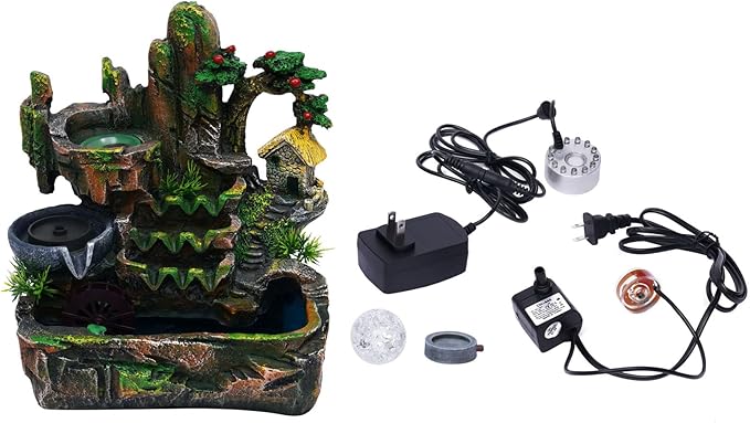 110V Indoor Relaxation Desktop Fountain Waterfall with Rockery & LED Colorful Lights Indoor Relaxation Resin Ornament, Small Tabletop Decor Fountain Rockery for Office, Home, Bedroom Desk Decoration