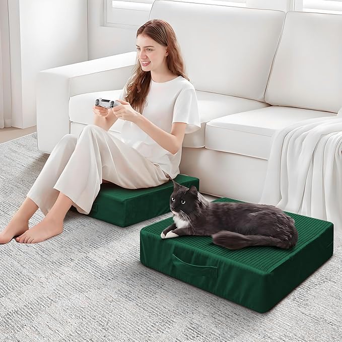 Large Floor Pillows for Adults, Thick Meditation Floor Cushions for Sitting Yoga, 22x22x5 Foam Seat Cushions Set of 2 for Furniture, Floor Pillow with Pleated Velvet Removable Cover, Green