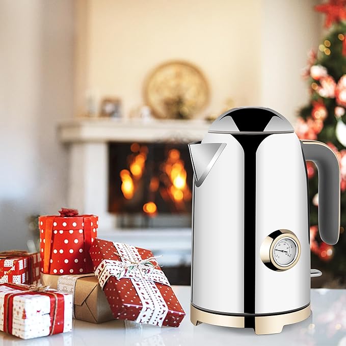 SUSTEAS Electric Kettle - 57oz Hot Tea Water Boiler with Thermometer, 1500W Fast Heating Stainless Steel Pot, Cordless LED Indicator, Auto Shut-Off & Boil Dry Protection, Glossy Silver - Bloomnest