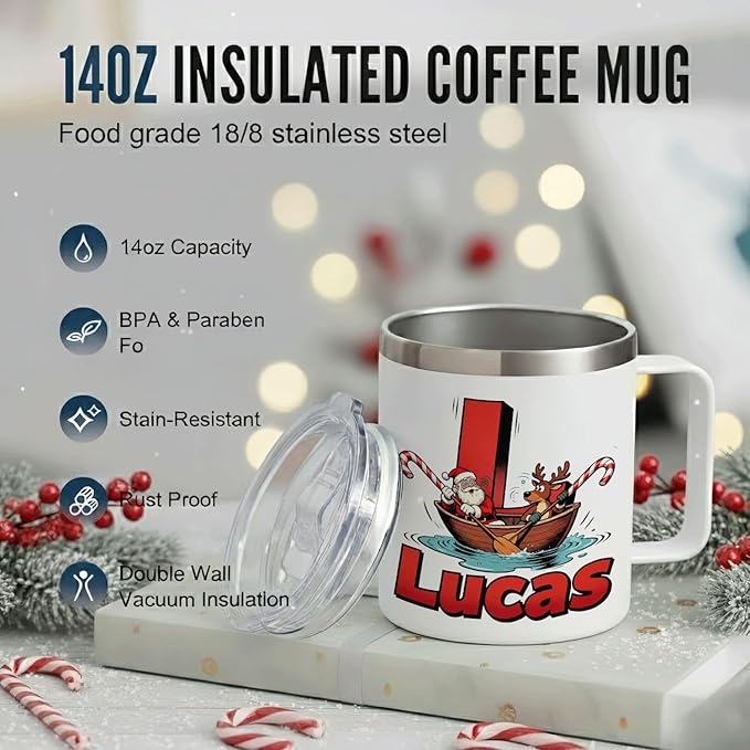JugJug Personalized Christmas Mug with Initial & Name - Funny Rowing Santa & Reindeer 12oz Insulated Coffee Cup with Lid - Xmas Gifts for Kids, Boys (B156) - Bloomnest