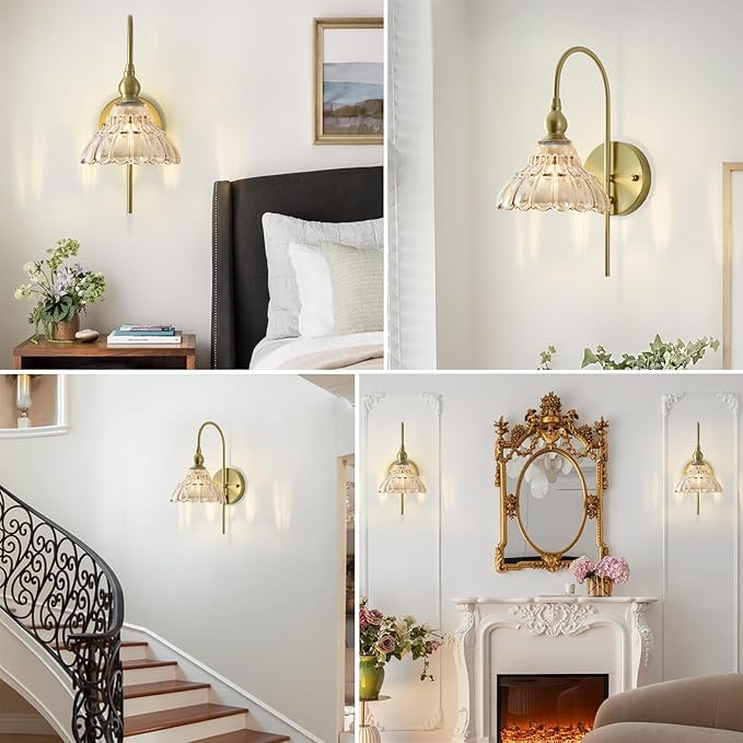 Vintage Wall Sconces with Amber Flower Glass Lampshade, Indoor Bath-Room Wall Sconce, Modern Gold Industrial Lighting Fixture for Mirror Living Room Hallway 2 Pack - Bloomnest