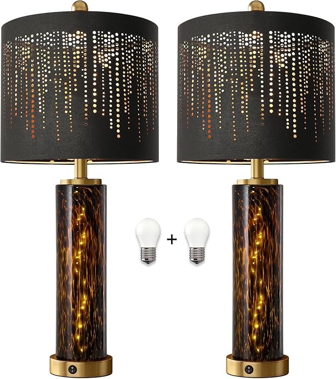 Oneach 27.75" Modern Table Lamps Set of 2, Gold Bedside Lamp with Leopard Glass Nightlight, USB A+C, Black Crystal Shade, Unique Desk Lamps for Living Room, Bedroom, Nightstand (2 Bulbs Included) - Bloomnest