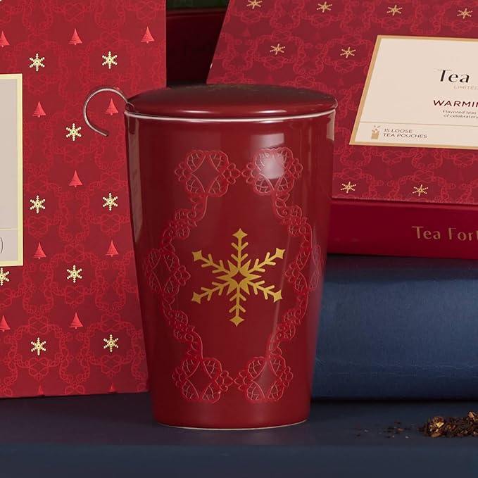 Tea Forte Double-Walled Ceramic Kati Cup, Removable Stainless Steel Infuser Basket and Lid, Steeps 12 oz Loose Leaf Tea, Dishwasher & Microwave Safe, Warming Joy - Bloomnest