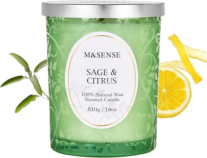 M&SENSE Sage Citrus Scented Candle, Cracking Wooden Wick Soy Wax, 18oz 100 Hours Long Lasting Clean Burn, Large Jar Candles for Home Decor, Non-Toxic Relaxing Aromatherapy Gifts for Women - Bloomnest