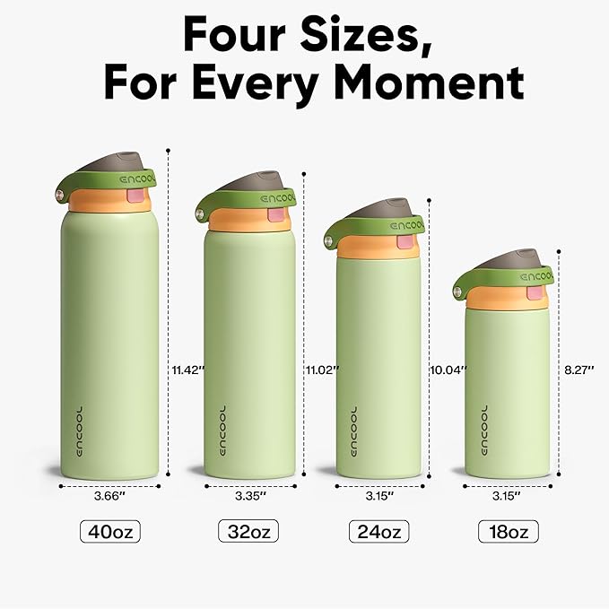 ENCOOL Leakproof Insulated Water Bottle with Straw Dual-Sip Water Bottle Bag-Safe Design for Work, Commute & Gym – Keeps Drinks Cold All Day, 32 oz, Sage Green ENCOOL