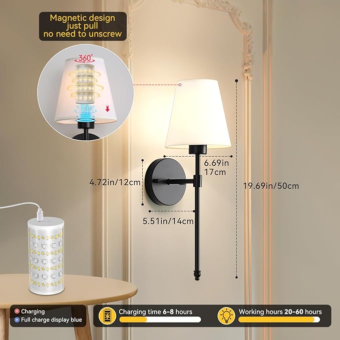 Wireless Wall Sconces Set of Two Battery Operated, Rechargeable Wall Lamp with 10000 mAh Dimmable Bulb & Remote, 10 Colors Wall Lights for Bedroom Living Room Hallway Wall Decor - Bloomnest