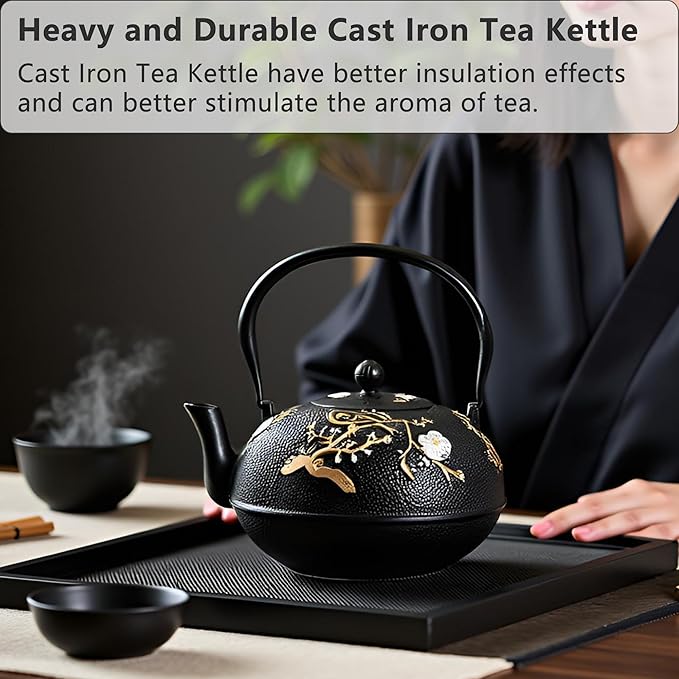 YJX 60.9oz Large Cast Iron Teapot for Stovetop, Japanese Tetsubin, Heavy and Durable Tea Pot, Tea Kettle with Stainless Steel Infuser for Loose Tea, Floral Pattern(1800ML) - Bloomnest