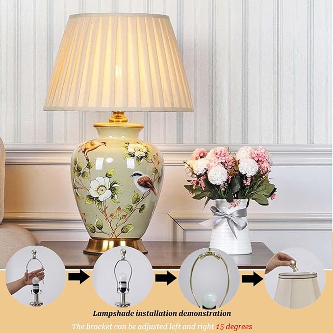 PURESILKS Vintage Ceramic Table Lamp, Hand-Painted Flower and Bird Desk Lamp, Chinese Classical Decorative Lamp with Fabric Shade, Farmhouse Table Lamp for Living Room,Bedroom, Study Room - Bloomnest