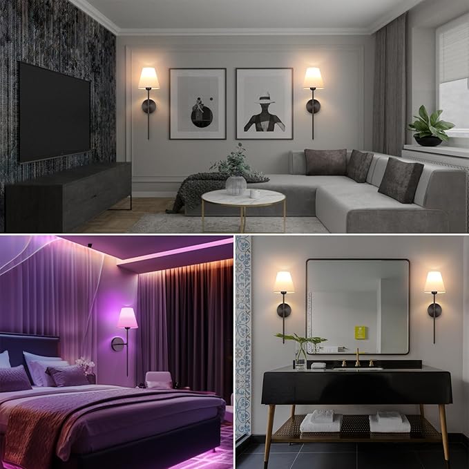 Battery Operated Wall Sconce Set of 2,15 Colors Wireless Wall Light With Dimmable Remote Control Last 18-50 Hours,Black Rechargeable Wall Lamp With White Fabric Shade For Living Room Bedroom Hallway - Bloomnest