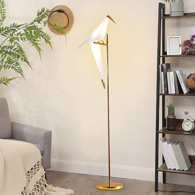 MORE CHANGE 62-Inch Modern Bird Floor Lamp, Origami Bird Lamp Gold Standing Lamp with Birds Shade Swing Paper Crane Floor Light Fixtures for Living Room Bedroom Office - Bloomnest
