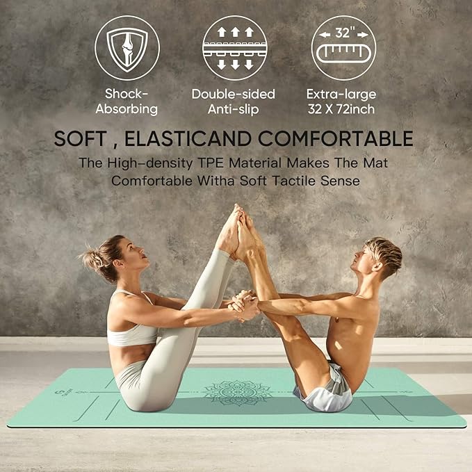 Yoga Mat Non Slip TPE Extra Wide Yoga Mat with Alignment Mark, 72"L x 32"W x 0.32"/0.24"Th (183cm x 80cm x 8mm/6mm), Anti-Tear Exercise Mat with Carrying Strap and Bag, Workout Mats for Yoga, Pilates - Bloomnest
