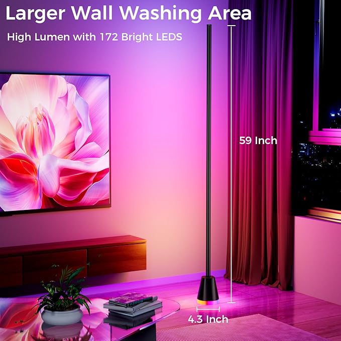 RGB Corner Floor Lamp, 60 Inch Bright Standing Lamps for Bedroom with APP and Remote Modern Floor Lamp Color Changing Ambience Light with Music Sync and 16 Million Colors - Bloomnest