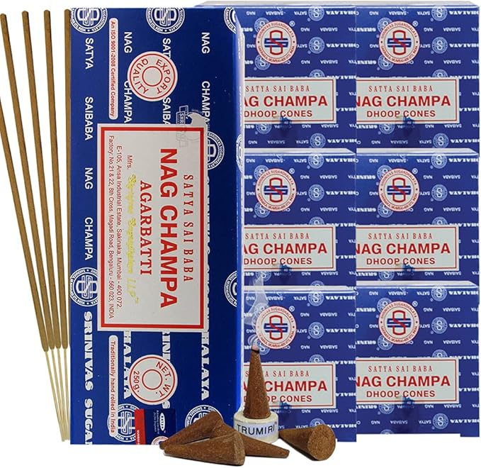 Nag Champa Incense Sticks 250g and Cones Variety Pack with Burner Holder Bundle from Satya Incense 250g Trumiri for Smudging and Aroma