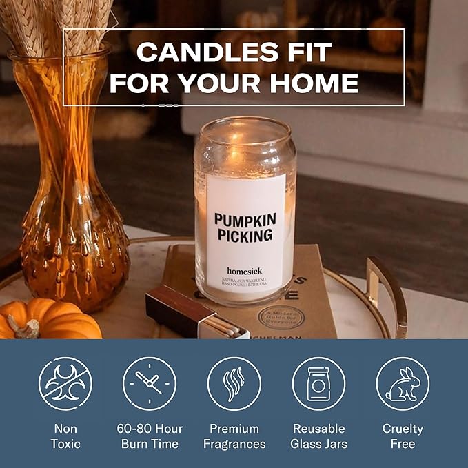 Homesick Scented Candles for Home (Pumpkin Picking) - 13.75 oz Natural Long-Lasting Soy Wax Blend Jar Candle Gifts for Women & Men, 60-80 Hours Burn Time - Notes of Pumpkin, Nutmeg & Ginger - Bloomnest