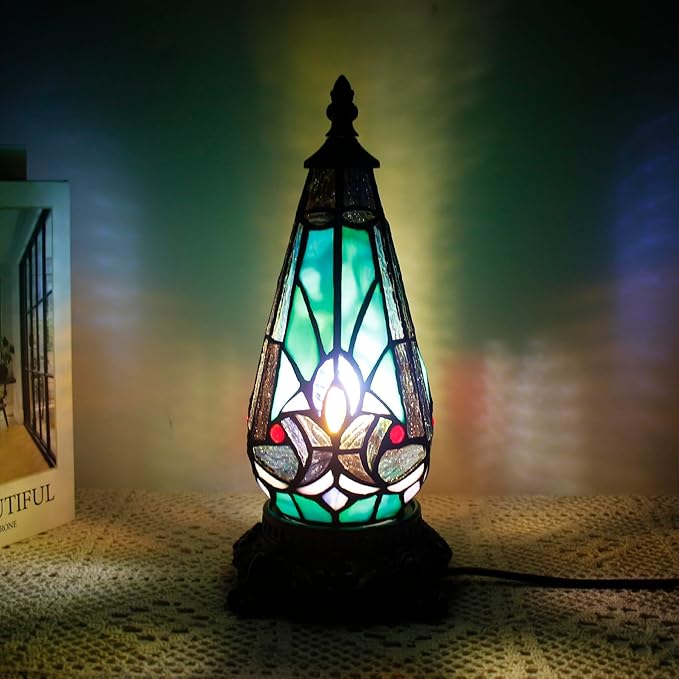 Small Tiffany Lamp Stained Glass Table Lamp 5.5X11 Inch Christmas Tree Lighthouse Mini Accent Memory Sympathy Antique Night Light for Bedroom Living Room (Green Liaison)