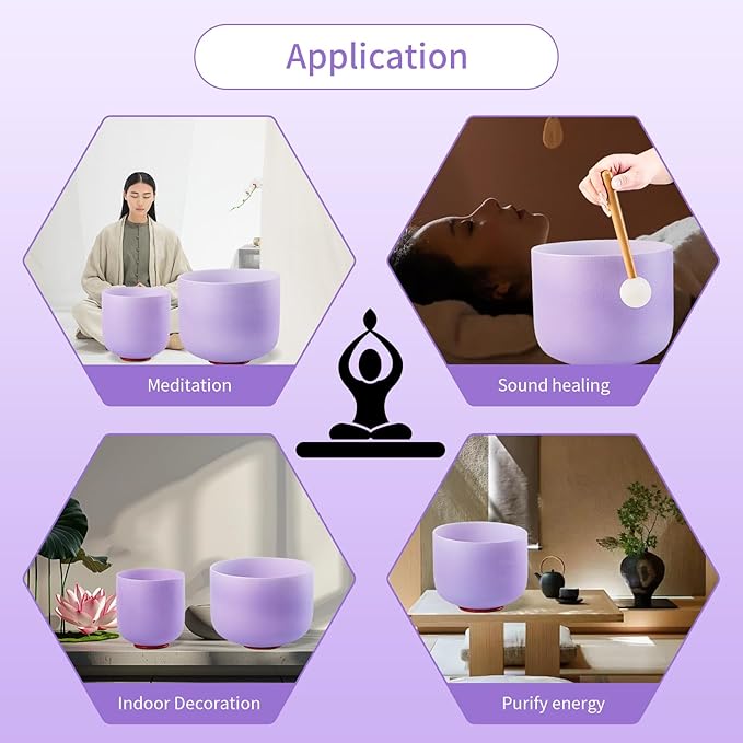 432HZ 6-12 Inch Purple Color Frosted Quartz Crystal Singing Bowls Chakra Set of 7 with Carry Case Bags for Sound Healing and Meditation