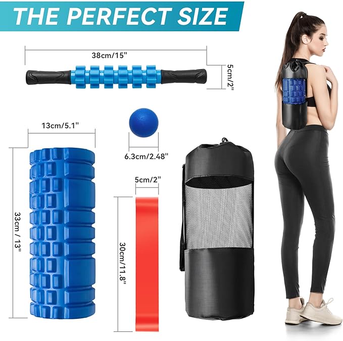 5 in 1 Foam Roller Set for Deep Tissue Muscle Massage, High Density Trigger Point Fitness Patented Exercise Foam Roller, Massage Roller, Massage Ball, Resistance Band, for Whole Body - Bloomnest