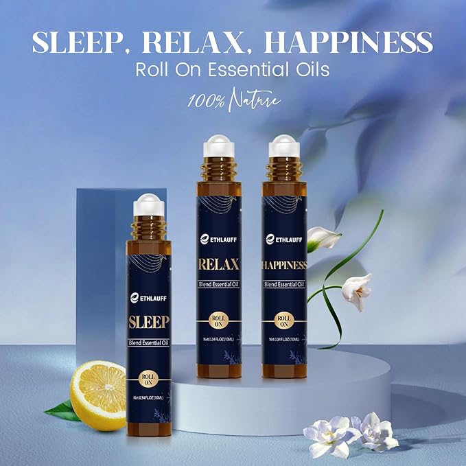 Essential Oil Roller Set, (Sleep, Relax, Happiness) Aromatherapy Roll On for Body Skin Care, Home - Natural Aromatherapy Gift, Relaxtion Gift, Stress Relief Gift for Women and Men - Bloomnest