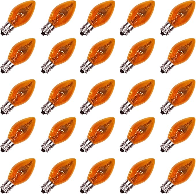 GOOTHY 25 Pack C7 Halloween Flicker Flame Light Bulbs, Orange Flickering Flame Replacement Bulbs for Chandelier Candles Christmas Outdoor String Lights, E12 Candelabra Base Night Light Bulbs, 1 Watt - Bloomnest