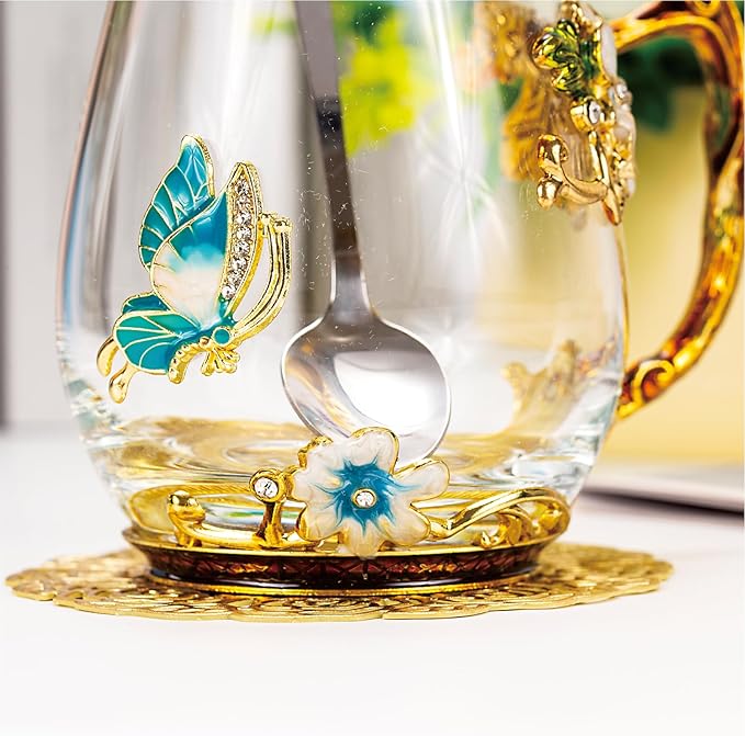 Flower Tea Cup ,Butterfly Daisy Clear Glass Fancy Coffee Mug with Spoon,Gift Box, Hot And Cold Drinks Use,For Her Mom Wife Grandma Girls Friends Valentines Christmas Birthday Present Idea for Juice - Bloomnest