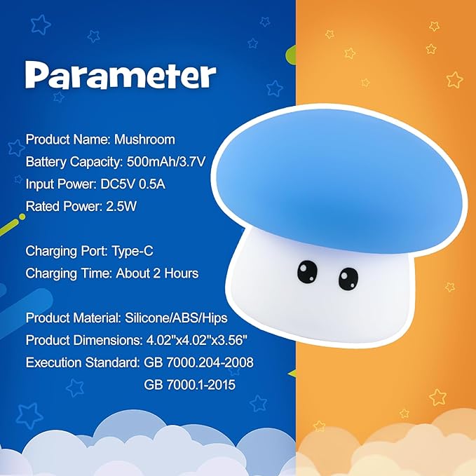 Squishy Big Eyes Mushroom Night Light with RGB Mode 3 Brightness Adjustable Nursery Breastfeeding Nightlight Cute LED Blue Mushroom Lamp Rechargeable Silicone Touch Bedside Lamp for Bedroom Dorm Decor - Bloomnest