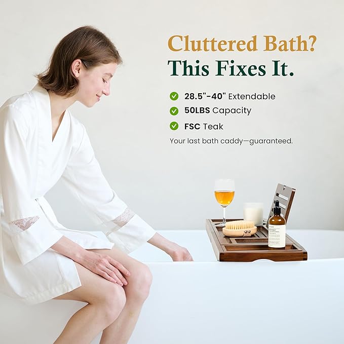 Teak Bathtub Tray, Bath Caddy with Wine Glass Holder, Phone Dock & Book Stand | Hands-Free Reading & Ultimate Spa Relaxation Experience-Brown - Bloomnest