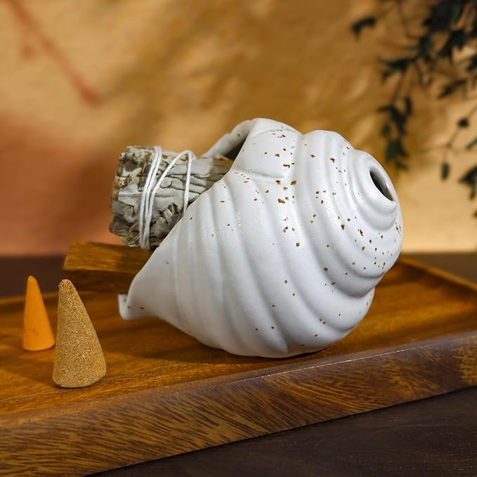 Ceramic Conch Palo Santo Burner Holder - Mini Chiminea Incense Chimney, for Smudging Sage/Cones、Perfect for Meditation Altar & Witchcraft Supplies, Ideal Spiritual Decor & Gift for Zen Spaces - Bloomnest