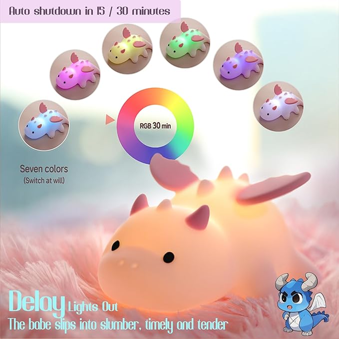 Dragon Night Light, Cute Pink Dragon Gifts, Soft Silicone Lamp with 3 Level Warm Light and RGB Changing, Breastfeeding Nursery Portable Kawaii Bedside Lamp for Baby, Toddler, Boys and Girls - Bloomnest