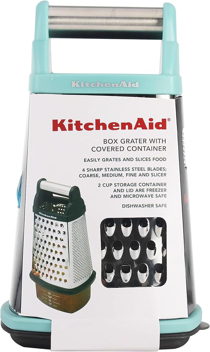 KitchenAid Gourmet 4-Sided Stainless Steel Box Grater for Fine, Medium and Coarse Grate, and Slicing, Detachable 3 Cup Storage Container and Measurment Markings, Dishwasher Safe, 10 inches tall, Aqua - Bloomnest