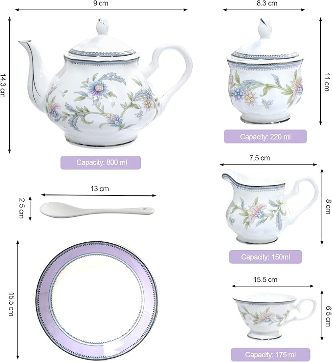 Bone China Tea Set, 21-Pieces Porcelain Tea Set for Adults, Tea Cups And Saucers for 6, with Teapot, Spoons, Sugar Bowl, Creamer Pitcher, Vintage Tea Set for Women Tea Party (Purple) - Bloomnest