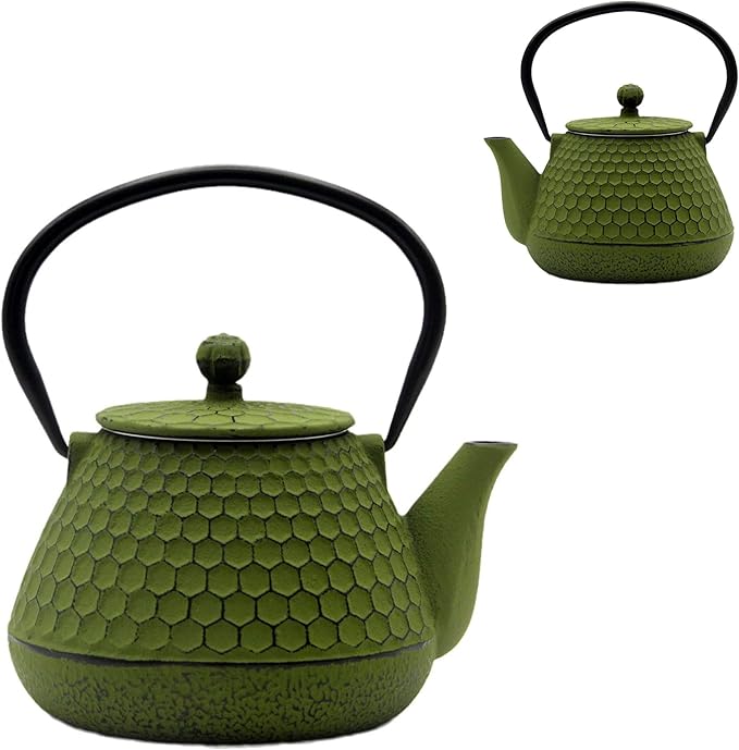 20.3oz Cast Iron Teapot, Small Tea Kettle for Stovetop Safe With Enameled Interior, Stainless Steel Infuser for Loose Tea (Green Honeycomb Pattern) - Bloomnest