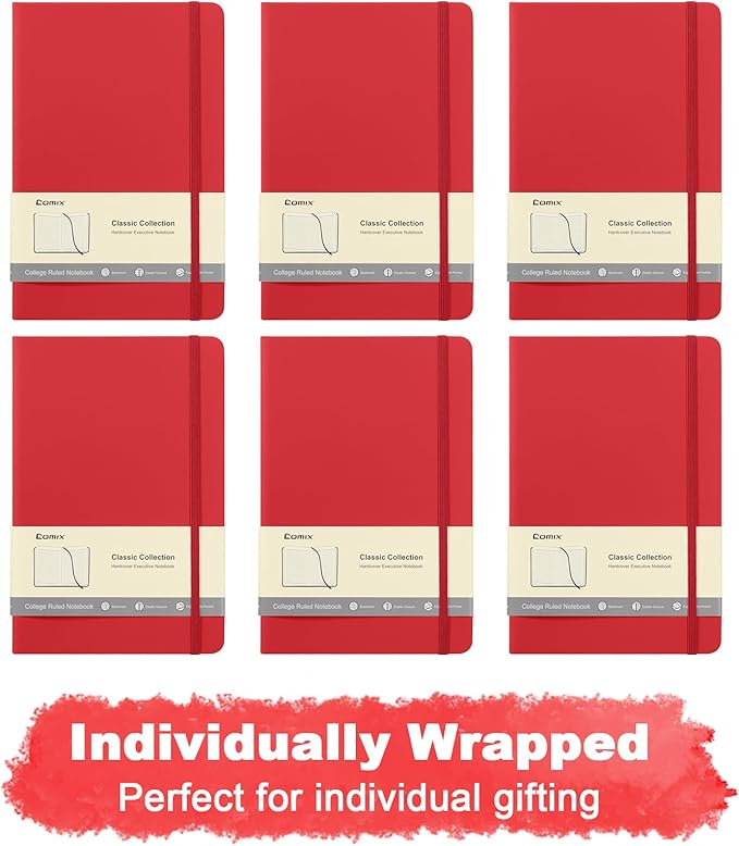 Comix 6 Pack Lined Journal Notebooks for Work, 240 Pages, 5.5"x8.3", Red, Hardcover, A5 Medium College Ruled, Journaling Notebooks for Notes-taking, Fits for Office School Home - Bloomnest