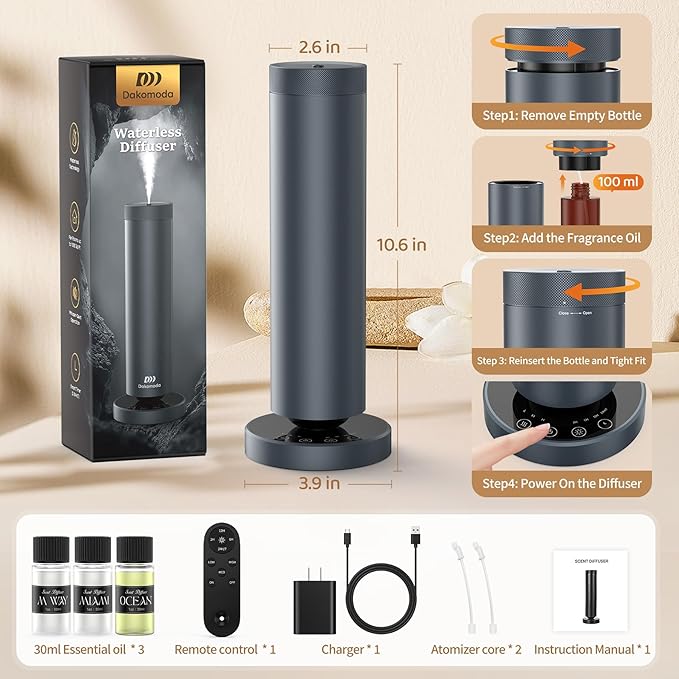 Waterless Diffuser with 108ML Essential Oils, Covers 1000 Sq Ft, Diffusers for Home Hotel, Adjustable Mist & Timer, Scent Diffuser Starter Kit with Night Light, Corded Electric,Grey - Bloomnest